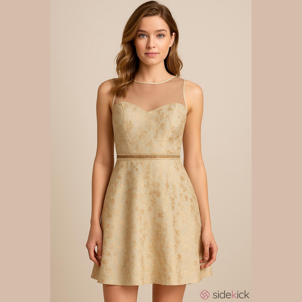 Ryu Floral Lace A-line Dress in Mint and Champagne and Gold